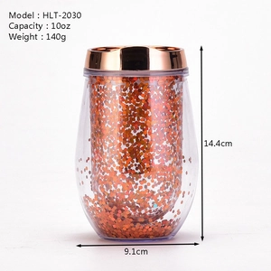 Double-wall 10oz glitter tumbler with orange sequins and rose gold rim on white background