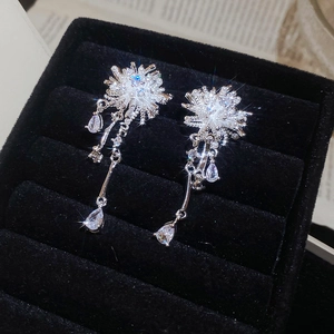 Detail of silver tassel earrings with teardrop crystal and pearl floral accents