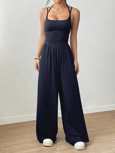 Women's summer sleeveless wide-leg jumpsuit with shirred waist and elegant draped fabric