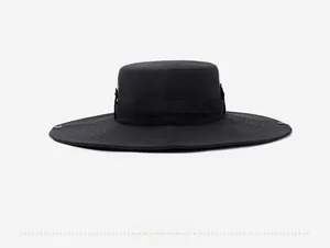 Detail of black wide brim sun hat showing adjustable chin cord and metal vent eyelets