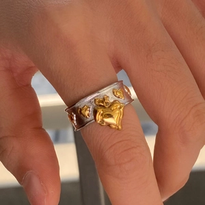 Two-tone stainless steel wide ring with crown heart and vintage embossed patterns
