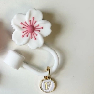 White cherry blossom straw cover with gold letter F pendant for Stanley tumblers