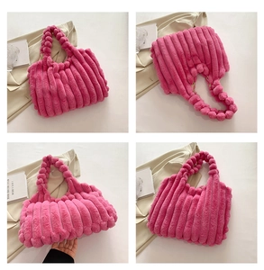 Detail of rose pink plush tote bag with vertical stripes and spherical handle