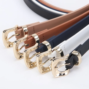 Fashionable slim leather belts for women in five classic colors with golden buckles