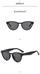 Front and 45-degree side views of black cat-eye sunglasses with polished frames