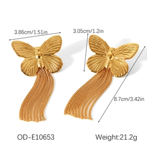 Detailed dimensions of gold butterfly tassel earrings with length and weight measurements