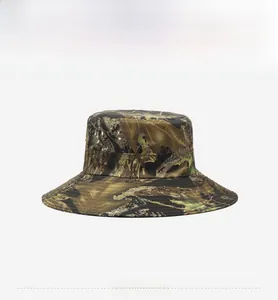 Front view of camouflage bucket hat with breathable mesh and wide brim for fishing