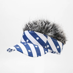Detail of USA star pattern visor hat featuring realistic grey synthetic hair on top