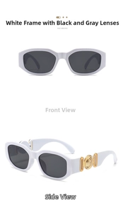 Detailed views of white frame sunglasses with gray lenses and golden temple ornaments