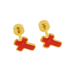Detailed macro view of gold cross stud earrings with red enamel and screw back closures