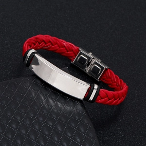 Close-up of red braided leather bracelet with stainless steel plate and clasp