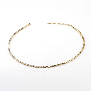 Asymmetric 18K gold plated stainless steel necklace with sparkling crystal and box chain links
