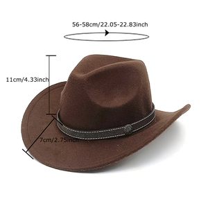Brown wool cowboy hat with leather band and vintage buckle, dimensions 56-58cm