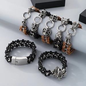 Men's punk braided leather bracelets with skull, wolf, and dragon steel charms