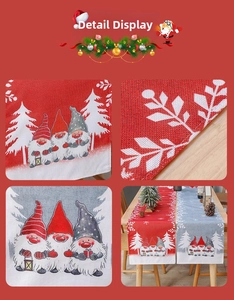 Detail of Christmas gnome table runner featuring rustic burlap texture and holiday prints