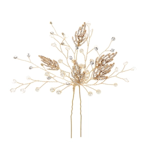 Golden bridal hair pin with white pearls, clear rhinestones and metallic leaf details