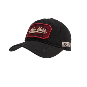 Retro black cotton baseball cap with red New York embroidery and six-panel structure