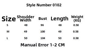 Size chart for women's pearl knit bomber jacket with detailed CM and KG measurements