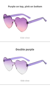 Detail view of heart-shaped rimless sunglasses featuring purple gradient lenses and temples