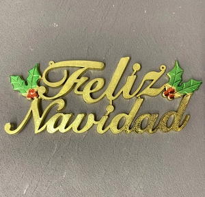 Glittery gold Feliz Navidad hanging ornament with green holly leaves and red berries