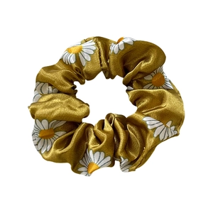 Olive yellow daisy print satin scrunchie with elastic hair band for women