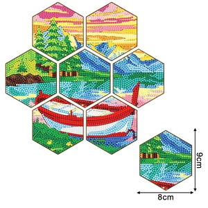 Detailed view of hexagonal diamond painting coasters with 9x8cm scenery pattern