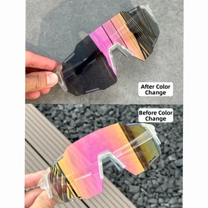 Detail view of photochromic lenses showing before and after color change under UV light