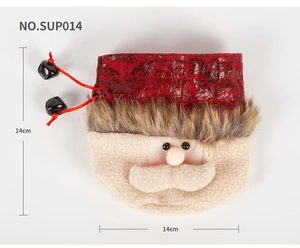 Plush Santa Claus drawstring gift bag with jingle bell detailing 14cm x 14cm size view
