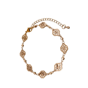 Rose gold minimalist bracelet with hollow four-leaf clover charms and adjustable chain