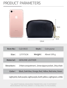 Detailed size chart for genuine leather coin purse with iPhone comparison and dimensions