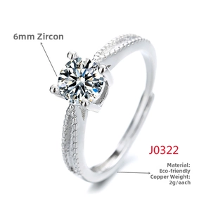 Detail view of a 6mm round zircon ring set in eco-friendly copper with four-prong setting