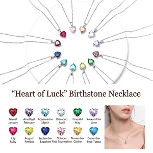 S925 sterling silver heart-shaped birthstone necklaces in twelve vibrant color options