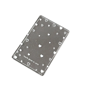 Transparent glitter acrylic photocard holder with white hearts and decorative text