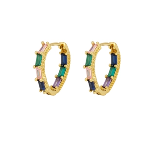 18K gold plated hoop earrings with multicolored rectangular zircons in a symmetrical pair