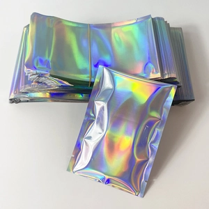 Holographic laser resealable bags with iridescent rainbow effect for shipping