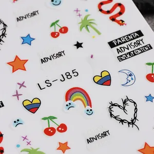 Macro shot of Halloween nail stickers with ghosts, pumpkins, and spiders on white backcard