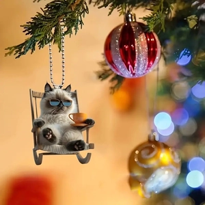 Cute Siamese cat ornament sitting on rocking chair with coffee for car or home decor
