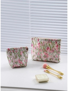 Floral embroidery portable makeup bag set with large capacity and metal zipper