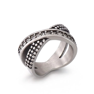 Vintage Stainless Steel Cross Ring For Women Inlaid Rainbow Rhinestone Geometric Woven Band Jewelry Gift Fashion Finger Ring