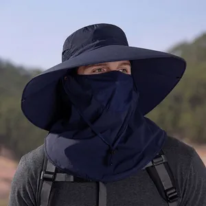 Men's wide brim sun hat with mesh face mask and neck flap for hiking and fishing