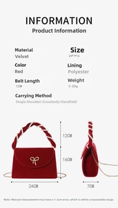 Detailed size chart for red velvet handbag with pearls, showing dimensions and specs