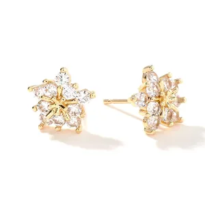 Detailed view of 1.1cm geometric flower earrings with sparkling cubic zirconia stones