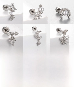 Détails macro des boucles d'oreilles en acier titane argenté avec papillon et lune étoilée