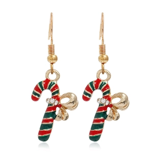 Detail of Christmas candy cane earrings with red-green enamel and crystal bow