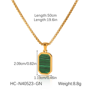 Detail view of square green stone pendant necklace with dimensions and weight data