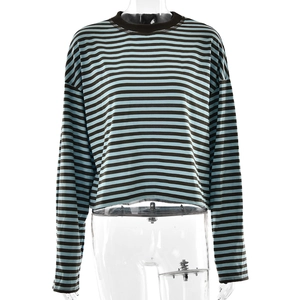 Detail of long sleeve crewneck t-shirt featuring black and blue horizontal stripes pattern
