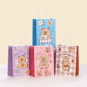 Cute Capybara Cartoon Kraft Paper Gift Bags With Handles For Birthday Party Shopping Cute Healing Style Tote