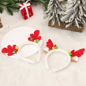 Christmas reindeer antler headband set with red sequins and colorful fur balls for kids