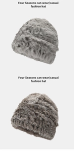 Detailed view of thick faux fur winter hats in light gray and mixed brown textures