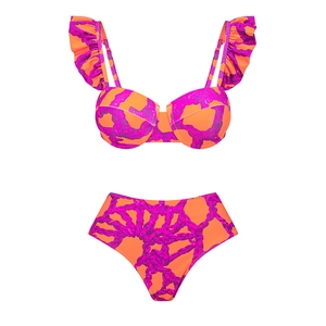 Détail du bas de bikini taille haute avec motif corde violette et tissu orange